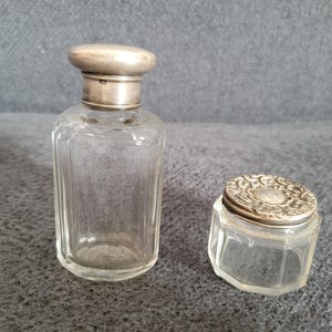 Antique perfume bottle and jar with sterling silver lids