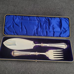 May include: Silver cake server and fork set in a blue velvet-lined case. The server has a wide, flat blade, and the fork has four tines. The handles are ornate with a decorative design. The case is rectangular with a gold trim.
