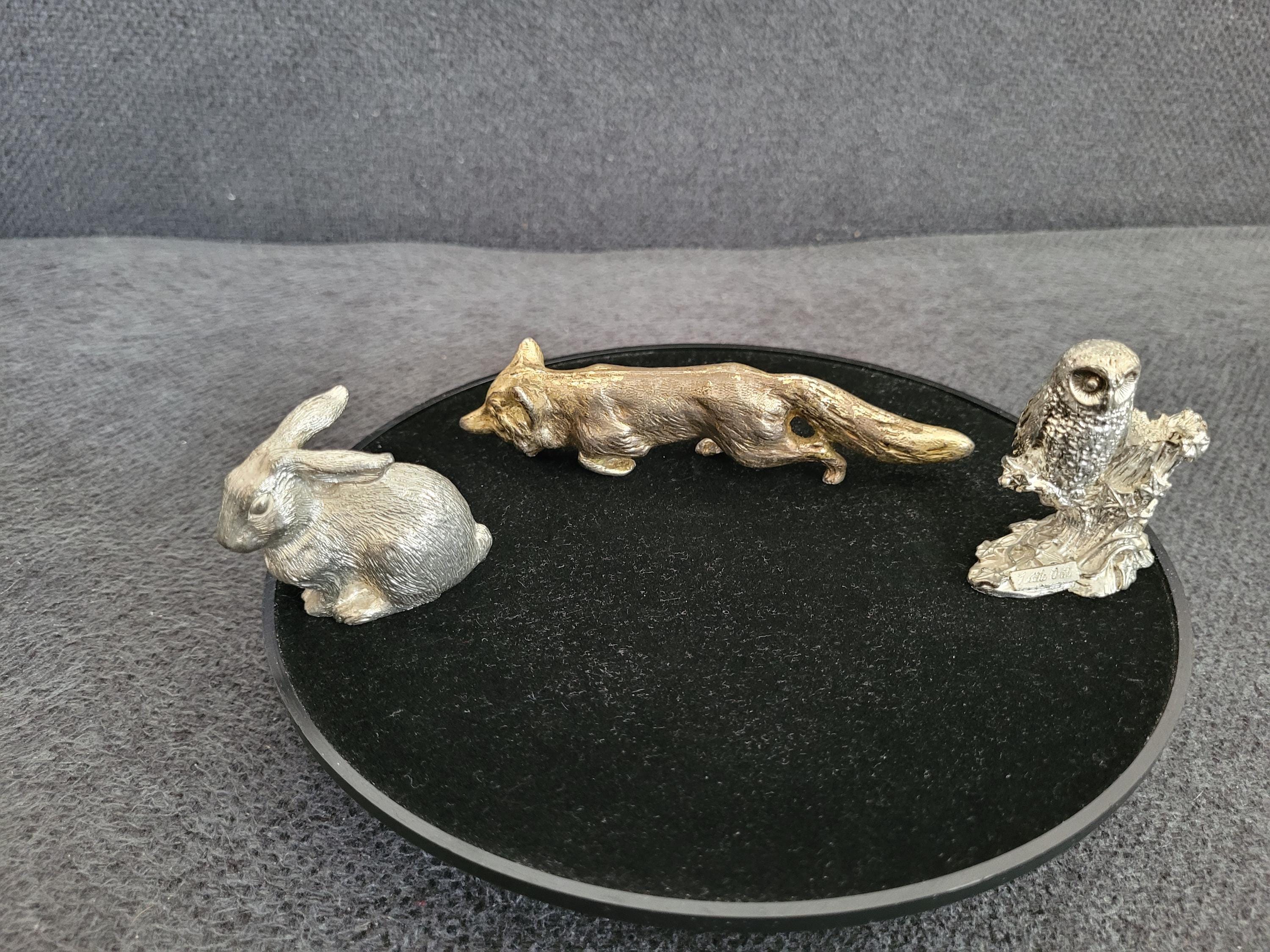 Vintage metal figurines/sculptures of owl, hare and fox.