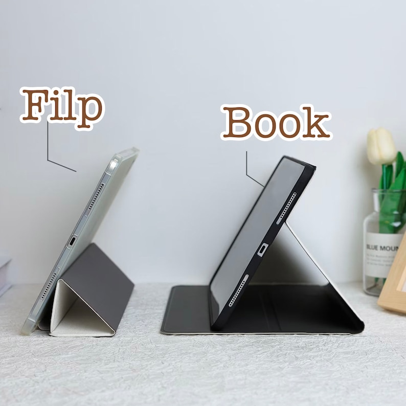 May include: Two tablet cases, one in black and one in gray, are shown in a side-by-side comparison. The case on the left is in the "Flip" position, while the case on the right is in the "Book" position.