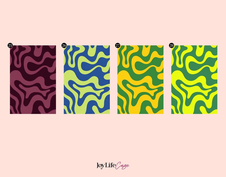May include: Four rectangular swatches labelled 25 through 28, each featuring a distinct two-tone wavy liquid pattern. The first is dark maroon and plum, the second blue and lime green, the third green and yellow, and the fourth lime and forest green.