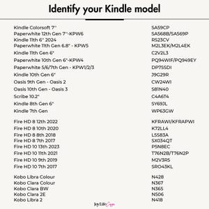 May include: A chart listing different Kindle models and their corresponding model numbers. The chart is divided into categories such as Kindle Colorsoft, Paperwhite, Kindle, Oasis, Scribe, Fire HD, and Kobo.