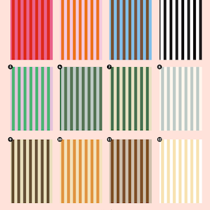 May include: A grid of twelve rectangular swatches featuring vertical stripes in various color combinations, numbered one through twelve. The color palettes include red, orange, blue, black, green, grey, brown, and cream. The text JoyLifeCage is at the bottom.