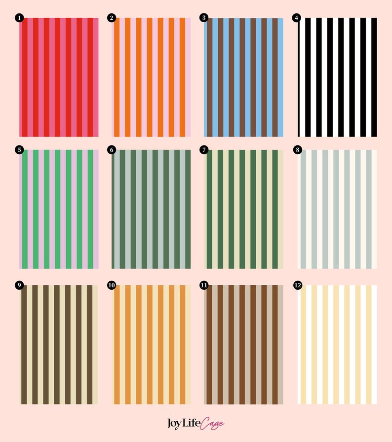 May include: A grid of twelve rectangular swatches featuring vertical stripes in various color combinations, numbered one through twelve. The color palettes include red, orange, blue, black, green, grey, brown, and cream. The text JoyLifeCage is at the bottom.