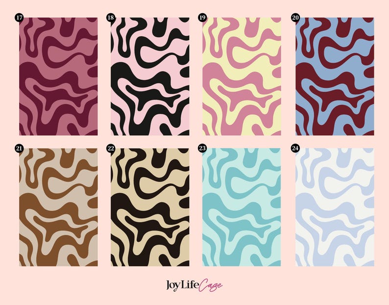 May include: A collection of eight rectangular swatches featuring a wavy, liquid-like abstract pattern in various colour combinations, labelled with numbers 17 through 24. The text JoyLifeCage is printed at the bottom centre of the image.