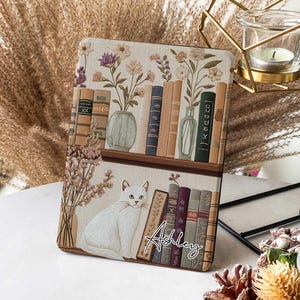 Bookish Cat Shelve Embroidery Design Kindle Colorsoft Case, Kindle Case with Strap, Auto Wake/Sleep Case for Kindle Basic 6, Kobo Clara Case