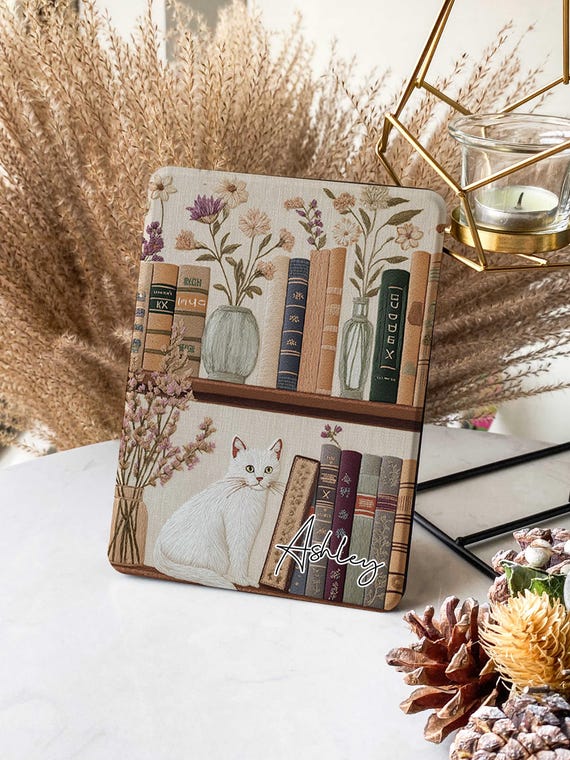 Bookish Cat Shelve Embroidery Design Kindle Colorsoft Case, Kindle Case with Strap, Auto Wake/Sleep Case for Kindle Basic 6, Kobo Clara Case