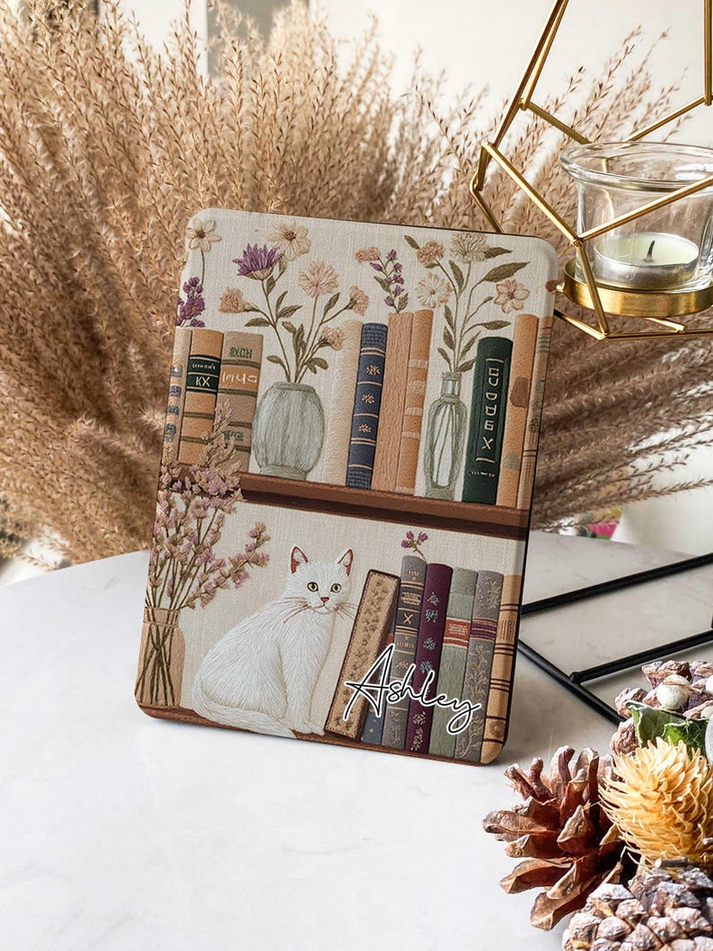 Bookish Cat Shelve Embroidery Design Kindle Colorsoft Case, Kindle Case with Strap, Auto Wake/Sleep Case for Kindle Basic 6, Kobo Clara Case