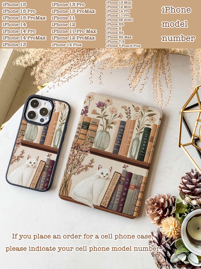 Pode incluir: Duas capas de telefone com um gato branco e livros em um design de estante. A capa &agrave; esquerda &eacute; preta e a capa &agrave; direita &eacute; branca com detalhes florais. O texto "N&uacute;mero do modelo iPhone" est&aacute; no topo da imagem.