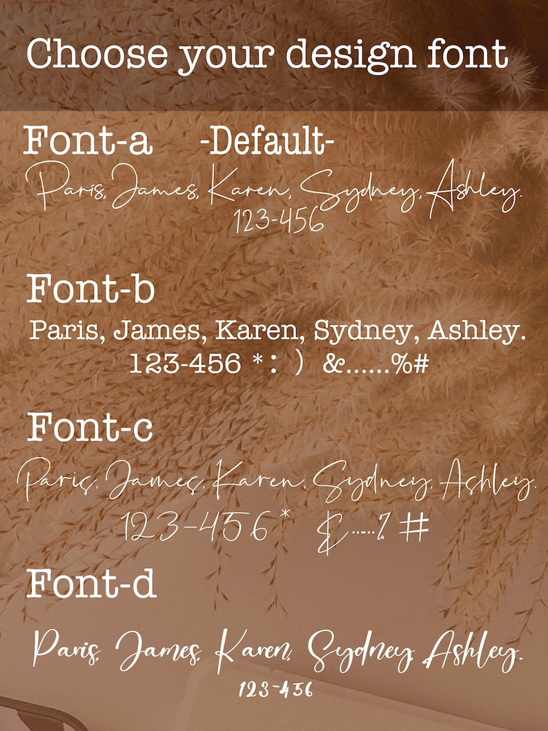 Puede incluir: Se muestran cuatro estilos de fuente diferentes con el texto "Paris, James, Karen, Sydney, Ashley." y el n&uacute;mero de tel&eacute;fono "123-456". Las fuentes est&aacute;n etiquetadas como "Font-a", "Font-b", "Font-c" y "Font-d". El fondo es una imagen borrosa de una superficie marr&oacute;n texturizada.