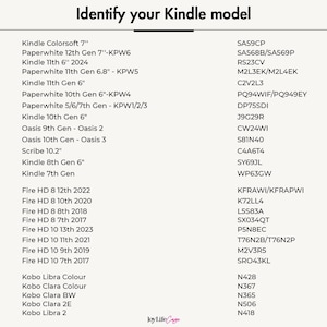 Puede incluir: Un gr&aacute;fico que enumera los diferentes modelos de Kindle y sus n&uacute;meros de modelo correspondientes. El gr&aacute;fico est&aacute; dividido en categor&iacute;as como Kindle Colorsoft, Paperwhite, Kindle, Oasis, Scribe, Fire HD y Kobo.