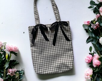 Tote bag met een pied-de-poule-patroon in grijze en witte kleur