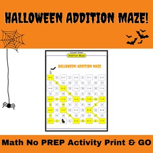 Halloween Math Addition Maze digital resources Upper Elementary NO PREP activity Sub Plan Printable Puzzles Learn addition in a Fun way