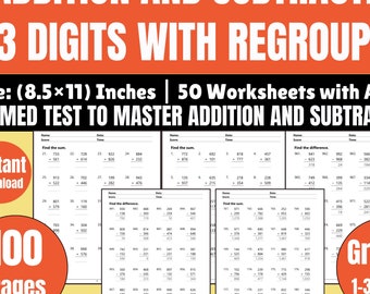 Addition and Subtraction Worksheets | 3rd Grade & 4th Grade Math Bundle, 3-Digit Problems with Answers, Busy Book Printable PDF
