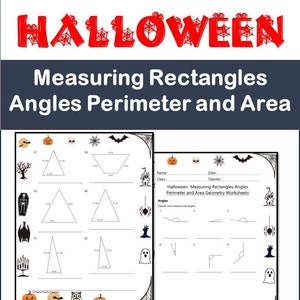 Op de afbeelding: Zwart-witte, printbare Halloween-thema wiskunde werkbladen voor het meten van rechthoeken, hoeken, omtrek en oppervlakte. De werkbladen bevatten verschillende Halloween-thema illustraties, waaronder pompoenen, vleermuizen, geesten en spinnen.