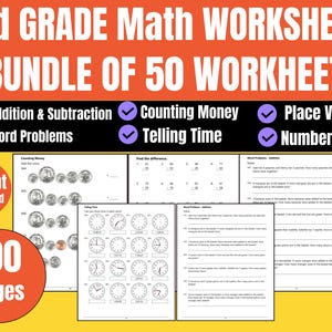 2nd Grade Math Printable Workbook – Addition, Subtraction & Time Worksheets PDF | Full Math Bundle