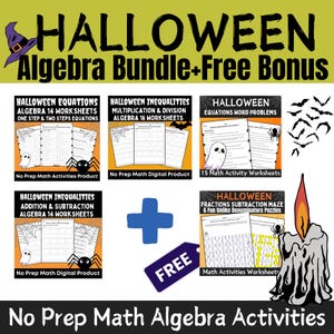 May include: A Halloween-themed math bundle for algebra, featuring worksheets and activities. The bundle includes equations, inequalities, multiplication and division, word problems, and a free fractions subtraction maze. The image features a black and orange color scheme with a spider web design.