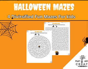 May include: Four black and white Halloween maze worksheets for kids. Each maze features a witch flying on a broomstick and a haunted house. The text "HALLOWEEN MAZES" and "4 Divirsified Fun Mazes For Kids" is at the top of the image. The text "PLAY AND CREATE -DESIGNS- " is at the bottom of the image.