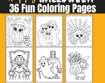 May include: Black and white coloring pages featuring Halloween characters like an owl, ghosts, a spider, a vampire, a Frankenstein, and a witch. The text "Happy Halloween 36 Fun Coloring Pages" is at the top of the image. The text "No Prep Vocabulary Activity" is at the bottom of the image.