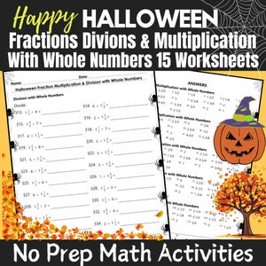 Puede incluir: Un conjunto de 15 hojas de trabajo imprimibles con temática de Halloween para practicar la multiplicación y división de fracciones con números enteros. Las hojas de trabajo presentan una calabaza negra y naranja con un sombrero de bruja y un fondo de telaraña. Las hojas de trabajo incluyen problemas como 313. 1 1/2 ÷ 4 = y 314. 6 x 1 1/2 =.