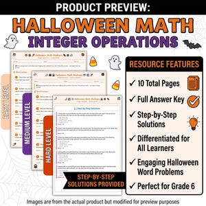 May include: A Halloween-themed math worksheet set titled Halloween Math Integer Operations, featuring 10 pages of differentiated word problems for grade 6. Includes step-by-step solutions, an answer key, and decorative ghost, bat, and candy corn icons.