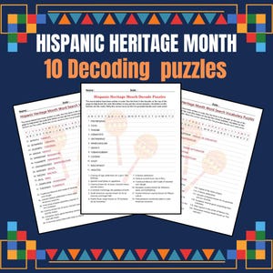 May include: Three printable worksheets for Hispanic Heritage Month. Each worksheet features a word search puzzle with a different theme. The first worksheet is titled "Hispanic Heritage Month Word Search", the second is titled "Hispanic Heritage Month Decode Puzzles", and the third is titled "Heritage Month Word Search Vocabulary Puzzles".