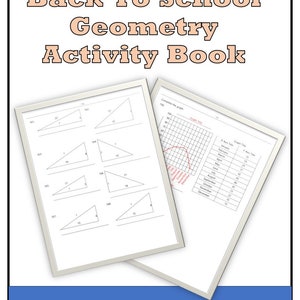 May include: Two printable worksheets for a back to school geometry activity book. The first worksheet has eight triangles with missing side lengths. The second worksheet has a graph with a line graph and a table with months and corresponding numbers.