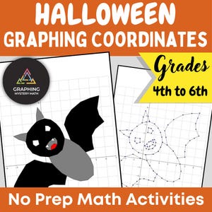 May include: Two black and white printable worksheets for graphing coordinates. The worksheets feature a bat design and the text "HALLOWEEN GRAPHING COORDINATES" and "Grades 4th to 6th".