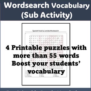 May include: A printable Spanish food word search puzzle with over 55 words. The puzzle is designed to help students learn Spanish vocabulary related to food. The puzzle is black and white and has a grid of 16x16 squares. The words are hidden in the grid and students must find them. The puzzle is labeled "Spanish Food La comida Wordsearch".