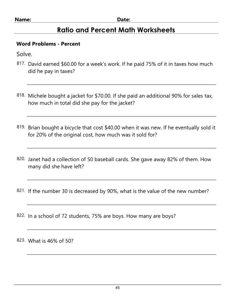 Ratio, Proportion \u0026 Percent Math Worksheets: 5-8 Grade (printable) - Etsy, image size:816x1056