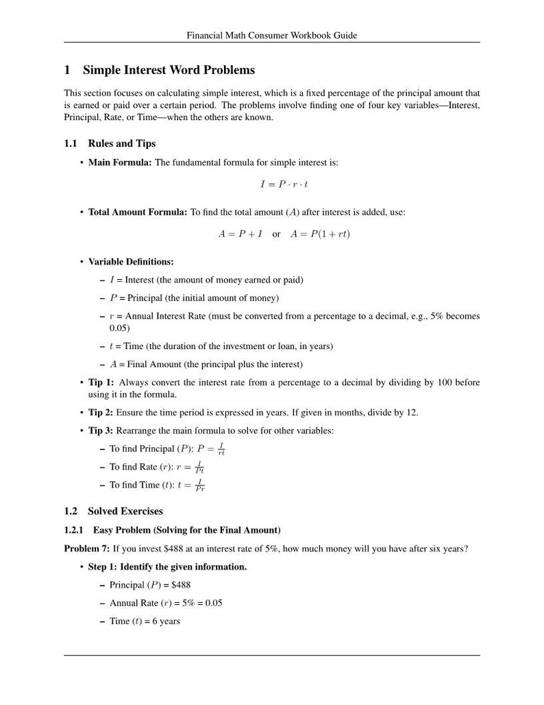 Financial Math Workbook Printable | Simple and Compound Interest Word ...