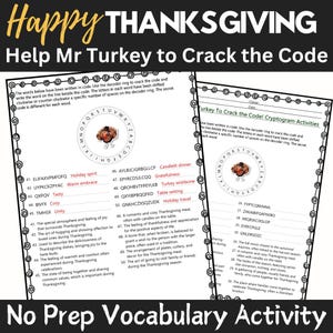 以下が含まれることがあります： 七面鳥の形をしたデコーダーリングが付いた、白黒の印刷可能な感謝祭の活動ワークシート。ワークシートには、感謝祭に関連する単語がコードで書かれたリストと、それに対応する定義のリストが含まれています。このアクティビティでは、ユーザーはデコーダーリングを使用してコードを解読し、提供された行に単語を書き込むように指示されています。ワークシートの上部には「Help Mr Turkey to Crack the Code」というテキストがあります。