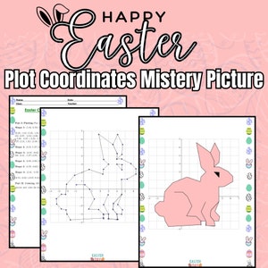 Peut inclure: Une feuille de travail avec le texte "HAPPY Easter" et "Plot Coordinates Mistery Picture". La feuille de travail comprend une grille avec un dessin en pointillé d'un lapin et un contour de lapin rose. Bordure sur le thème de Pâques.
