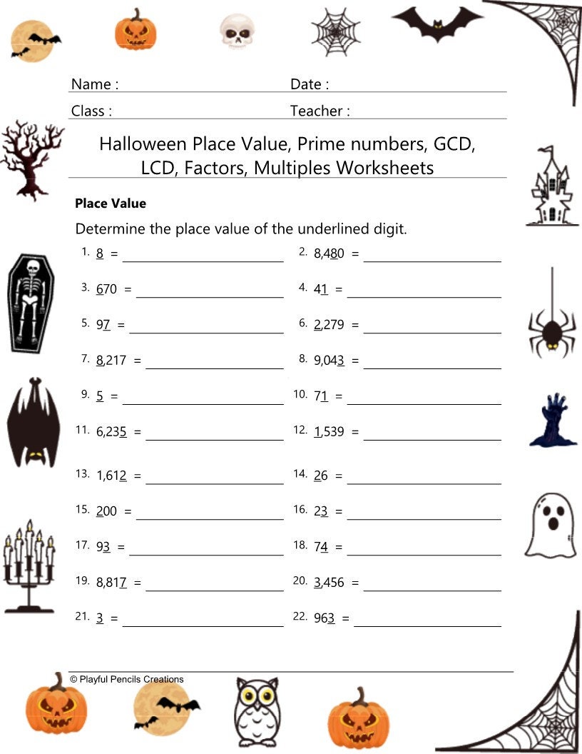 Halloween Math Worksheet: Place Value, Prime Numbers, GCD, LCM - Etsy, image size:816x1056