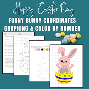 May include: A printable worksheet for kids featuring a color-by-number Easter bunny. The worksheet includes a graph with coordinates to plot and connect the dots to create the bunny image. The bunny is pink with gray ears and is sitting in a yellow egg with a blue and red stripe.