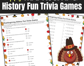 May include: Black and white printable Thanksgiving history trivia game with multiple choice questions. The game features a cartoon turkey wearing a pilgrim hat. The text "Thanksgiving History Fun Trivia Game" is at the top of the page.