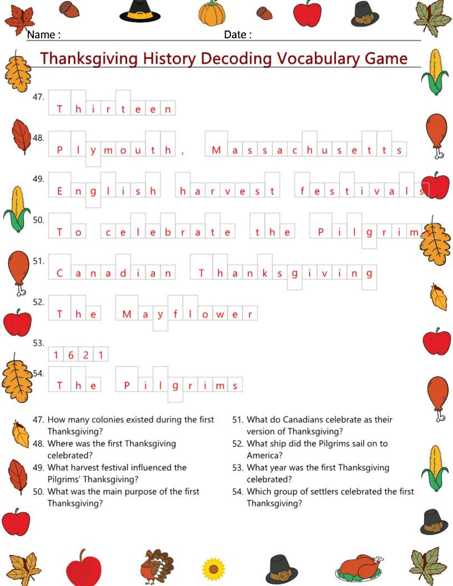 Thanksgiving Trivia Game Bundle: History, Decoding, Crossword ...