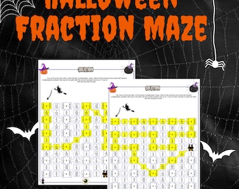 May include: Two printable Halloween-themed fraction multiplication mazes. Each maze features a witch flying on a broomstick, a haunted house, and a pumpkin. The mazes are designed to help students practice multiplying fractions.