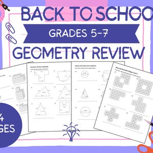 Puede incluir: Un conjunto de hojas de trabajo imprimibles para los grados 5-7, titulado "De vuelta a la escuela - Repaso de geometría". Las hojas de trabajo cubren temas como el volumen, el área de la superficie, el perímetro y el área. Hay 94 páginas en total.