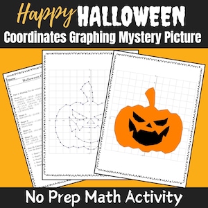 Può includere: Un'attività matematica stampabile a tema Halloween per bambini. Il foglio di lavoro include un grafico con coordinate da tracciare e un'immagine di zucca da colorare.
