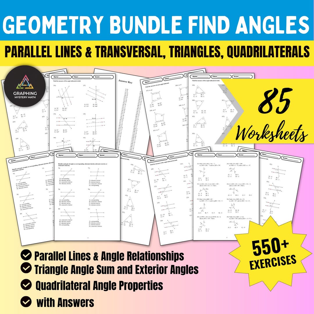 Geometry MCQ Bundle: Parallel Lines, Triangles, Quadrilaterals (grades ...