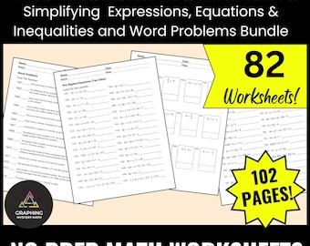 Pre-Algebra Worksheets Bundle Printable — Simplifying Expressions, Equations, Inequalities  & Word Problems+ Answer Key (Grades 6–8) PDF