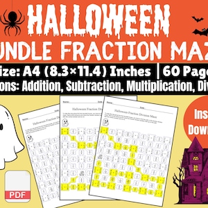 30 Halloween Fraction Mazes: Addition, Subtraction, Multiplication, and Division  Worksheet 5th Grade Math Printable Fractions Fun A4 format