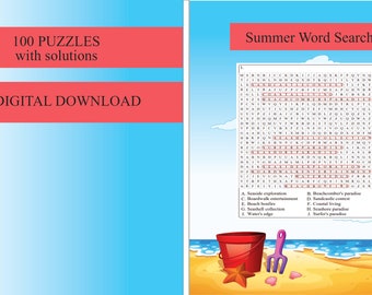 Zomerwoordpuzzel: 100 afdrukbare pagina's met oplossingen (digitale download)