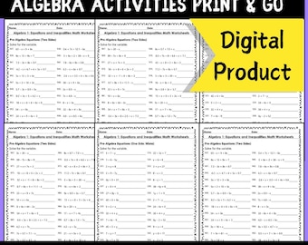May include: A digital product for teaching algebra. The image shows six worksheets with equations and inequalities. The title of the product is "Equations Bundle 42 Worksheets Algebra Activities Print & Go" and "Digital Product".
