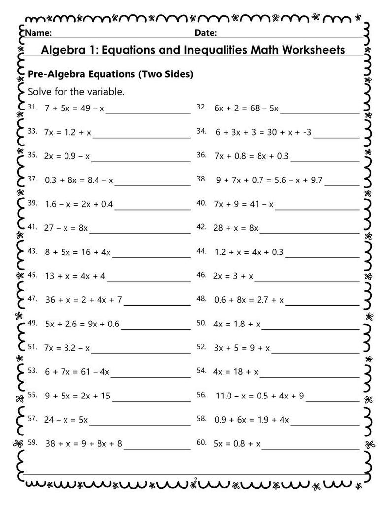 Algebra 1 Equations Worksheets: One & Two-step Practice (instant ...