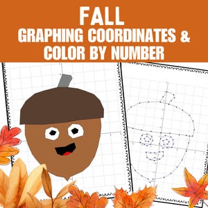 Puede incluir: Una hoja de trabajo imprimible con un contorno en blanco y negro de una bellota con una cara. La bellota está en una gráfica con coordenadas. El título de la hoja de trabajo es "Fall Graphing Coordinates & Color by Number".