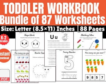 May include: A set of 87 printable worksheets for toddlers, designed to help them learn shapes, letters, numbers, and colors. The worksheets are 8.5 inches by 11 inches and are suitable for children in kindergarten and first grade.