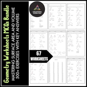 Könnte beinhalten: Ein Bündel von Geometrie-Arbeitsblättern mit Multiple-Choice-Fragen. Die Arbeitsblätter behandeln Oberfläche und Volumen mit über 500 Übungen und Schlüssellösungen. Das Bild enthält den Text "Geometry Worksheets MCQs Bundle" und "67 Worksheets".