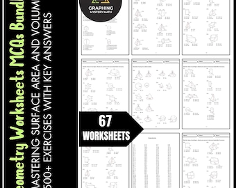 3D Geometrie Arbeitsblätter Bundle MCQs | Volumen und Oberfläche Übung 67 Ausdruckbare Math Arbeitsblätter für die Mittelschule 500+ Testvorb